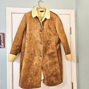 Lands' End Womens Faux Suede Sherpa Lined Coat M/P Medium Petite 10-12